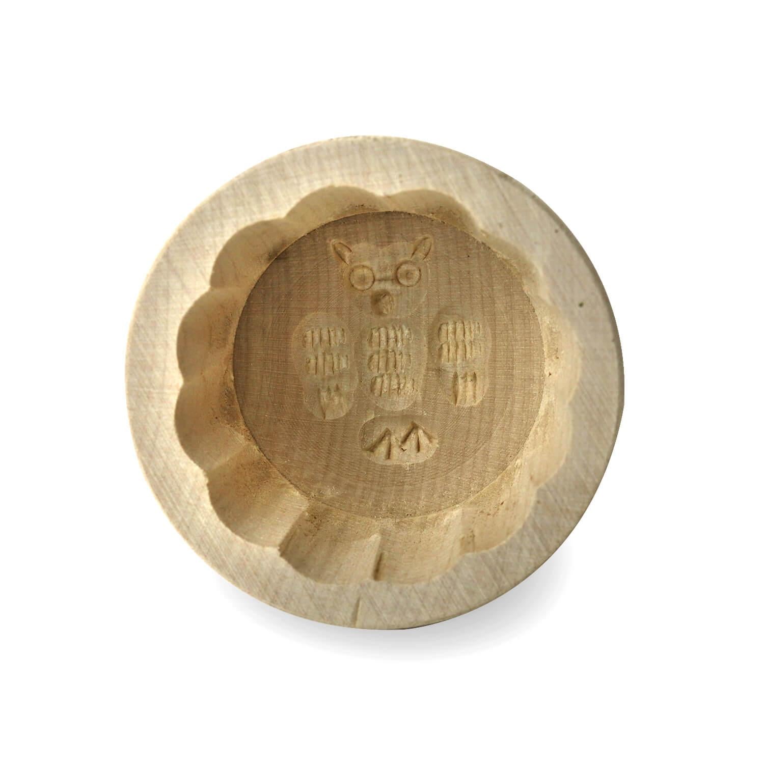 Butterform rund 15 g, aus Ahornholz, 6 cm, Motiv Eule